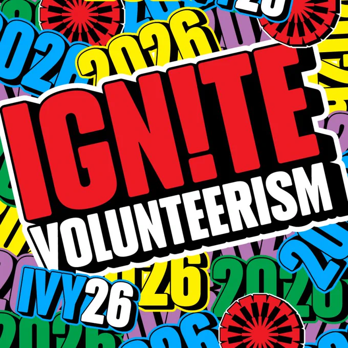 Image shows a vibrant collection of different type size words written in several colours: red, yellow, white, blue, purple, green. Main words:
 Ignate Volunteerism; IVY26; 2026;
