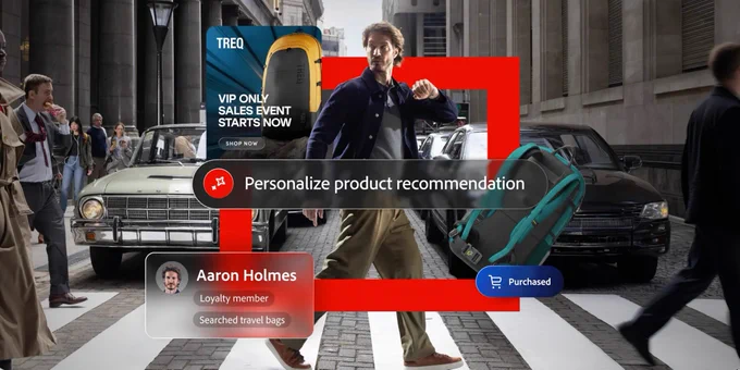 City scene with pedestrians crossing. UI overlay features \"TREQ VIP ONLY SALES EVENT STARTS NOW SHOP NOW\". \"Personalize product recommendation\". Customer info: \"Aaron Holmes, Loyalty member, Searched travel bags\". Backpack graphic and \"Purchased\" button shown.