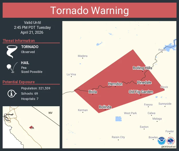 This graphic displays a tornado warning plotted on a map. The warning is in effect until 2:45 PM PDT. The warning includes Old Fig Garden CA, Biola CA and Rolling Hills CA.  This warning is for Southwestern Madera County in central California and Central Fresno County in central California. The threats associated with this warning are a observed tornado and pea sized hail. There are 321,559 people in the warning along with 69 schools and 7 hospitals.
