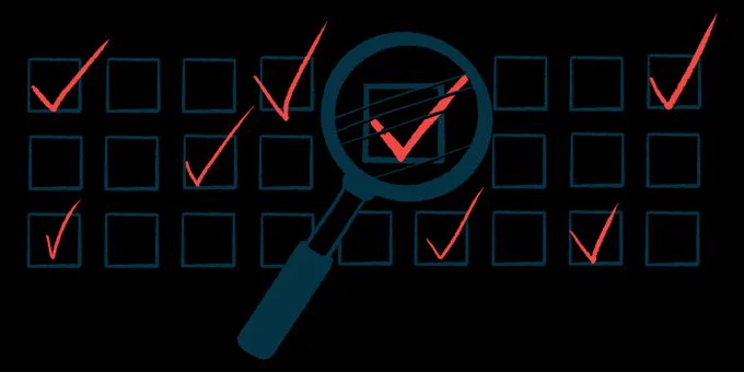 A large magnifying glass hovers over a checked box on a survey with both checked and unchecked boxes.