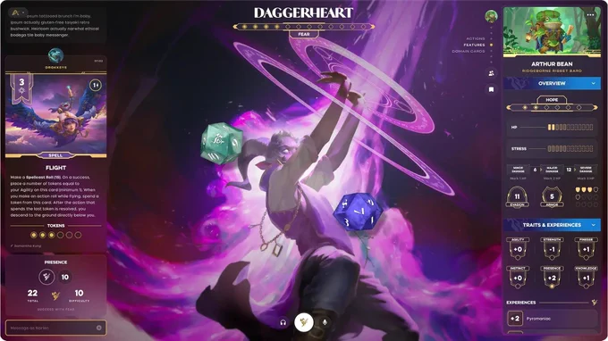A screenshot of Daggerheart running in Alchemy, showing a dramatic spellcasting scene with swirling purple magical energy. Two 3D dice are mid-roll, and the result has landed on Fear. A character sheet for Arthur Bean, a Ridgeborne Ribbet Bard, is visible on the right, with a spell card for "Flight" on the left.