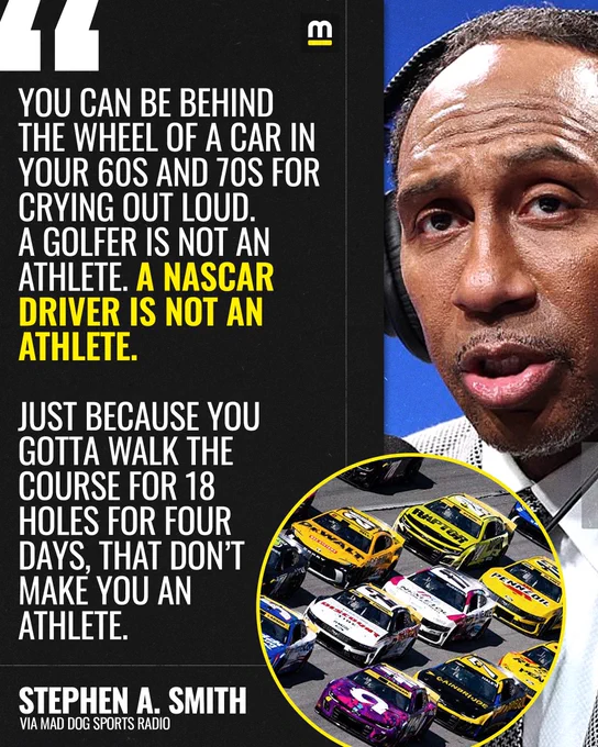 Stephen A. Smith wearing headphones talking into a microphone with a photo of NASCAR cars racing around a track.