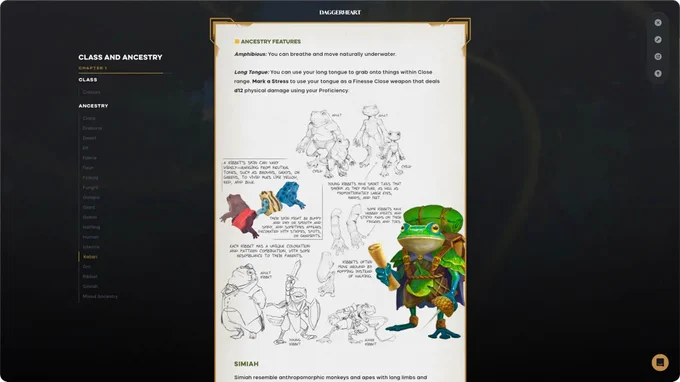 A page from the Daggerheart digital rulebook in Alchemy, showing the Ribbet ancestry entry. The page features concept art and sketches of the frog-like Ribbet race at various life stages, alongside a fully colored illustration of an adventuring Ribbet in armor. A navigation sidebar on the left lists all available ancestries.