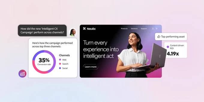 Neulix's 'Intelligent CX Campaign' results show a 35% conversion rate across web, search, and social channels. The ROI is 4.19x. Text reads: \"Turn every experience into intelligent act\".