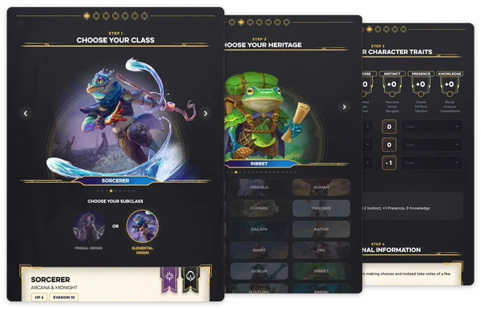 Three overlapping screens from Daggerheart's character creation flow in Alchemy, showing the step-by-step process. The front panel shows Step 1, choosing a class, with a Sorcerer and its two subclass options displayed. Behind it, Step 2 shows choosing a heritage, with a Ribbet character illustrated and a grid of races to pick from. The third panel partially visible on the right shows Steps 3 and 4, covering character traits and additional information.