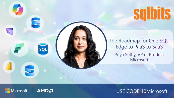 Event promotion slide for SQLbits featuring a speaker headshot at center and the text “The Roadmap for One SQL: Edge to PaaS to SaaS.” The slide lists Priya Sathy, VP of Product, Microsoft, with Microsoft product icons on a soft blue abstract background. Microsoft and AMD logos appear at the bottom, along with the text “Use code 10Microsoft.”
