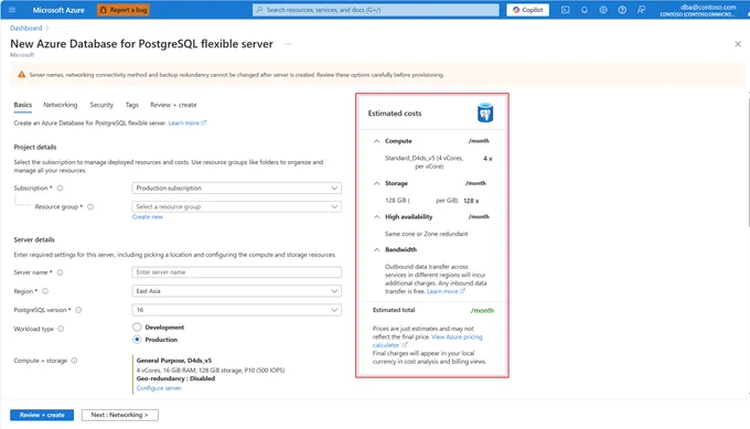 Screenshot that shows the estimated monthly costs in the New Azure Database for PostgreSQL Flexible server wizard.