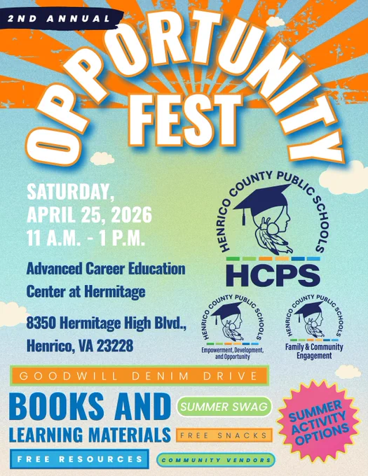 Colorful poster for the 2nd Annual Opportunity Fest, an event hosted by Henrico County Public Schools on April 25, 2026 at the Advanced Career Education Center.