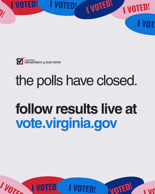 Virginia Department of Elections announces polls have closed with a prompt to follow live results at vote.virginia.gov.
