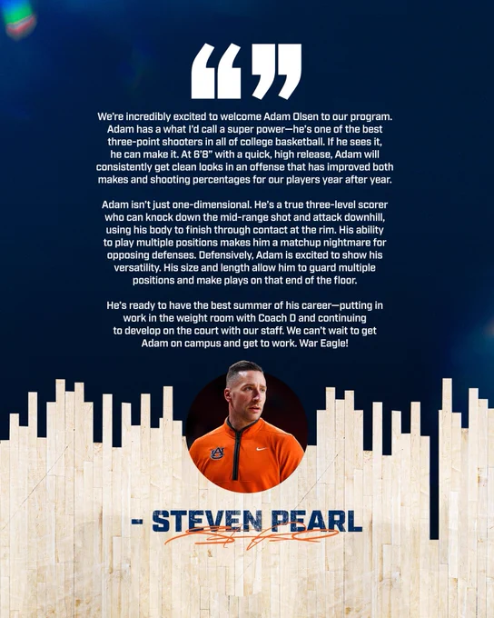 A quote from head coach Steven Pearl on Adam
