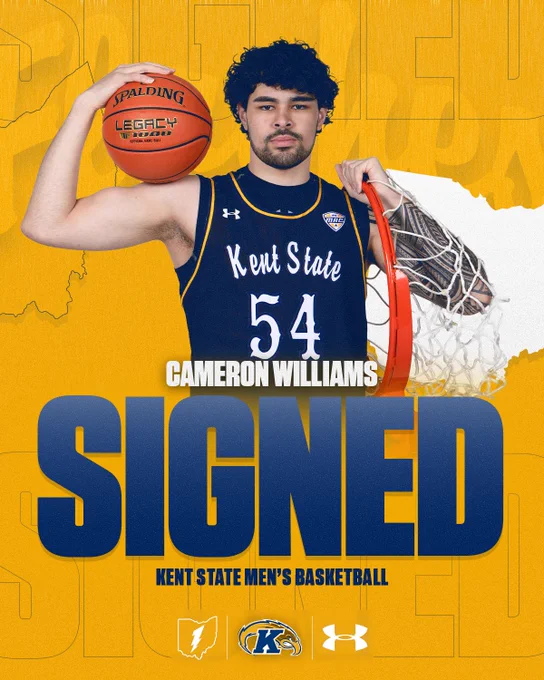 A gold and navy signing announcement graphic for Kent State Men's Basketball. Cameron Williams (#54) is pictured in his navy Kent State Under Armour uniform, holding a Spalding basketball in one hand and a basketball net and rim in the other. Bold navy text reads 'SIGNED' with 'Cameron Williams' and 'Kent State Men's Basketball' also displayed. The Kent State and Under Armour logos appear at the bottom.