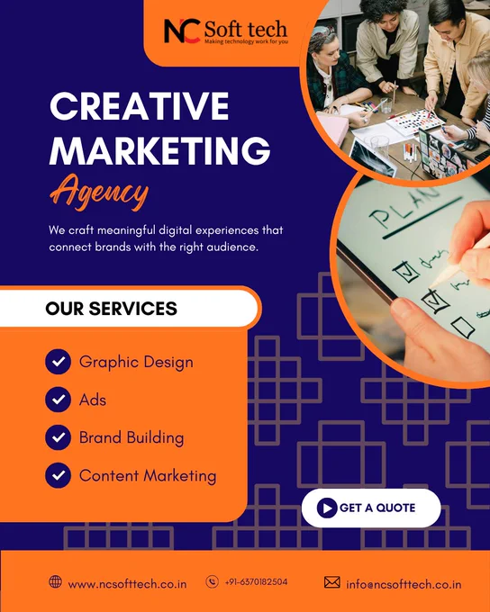 In today’s competitive market, average marketing won’t cut it. You need ideas that stop the scroll, strategies that drive action, and execution that delivers growth.

Partner with a Creative Marketing Agency—and transform your brand into a powerful, profit-generating machine.

#NCSofttech #NCPCSofttech #creativemarketingagency #marketingagency #advertising #DigitalMarketingAgency 

To know more: 

📞 Call:  91-6370182504
📧 Email: info@ncsofttech.co.in
🌐 Website: https://www.ncsofttech.co.in/top-creative-marketing-agency-in-india