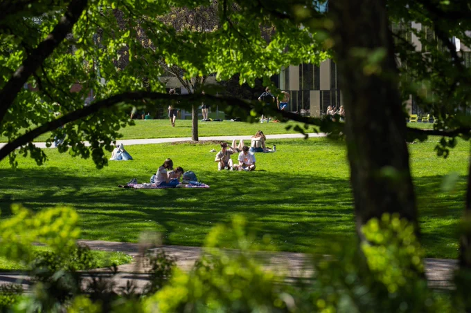 Outside the emu, people sitting on the grass, enjoying a picnic on blankets. The area is lush with green trees and the lawn is well‑maintained, with the EMU in the background.