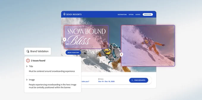 Sevoi Resorts webpage showing snowboarding images. Text: \"SNOWBOUND Bliss\", \"BOOK YOUR TRIP\". Brand validation notes 2 issues: title not centered around snowboarding, image not centrally positioned. Dates: Dec 10-Dec 16, 2026. \"FIND RESORTS\" button.