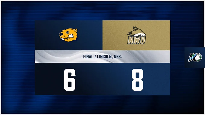 Final score graphic: Team 6, Nebraska Wesleyan 8 in Lincoln, Neb. with team and NWU logos.