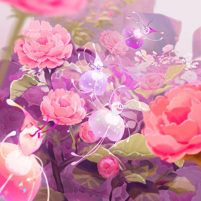 pink fairy creatures dance among a flower bush