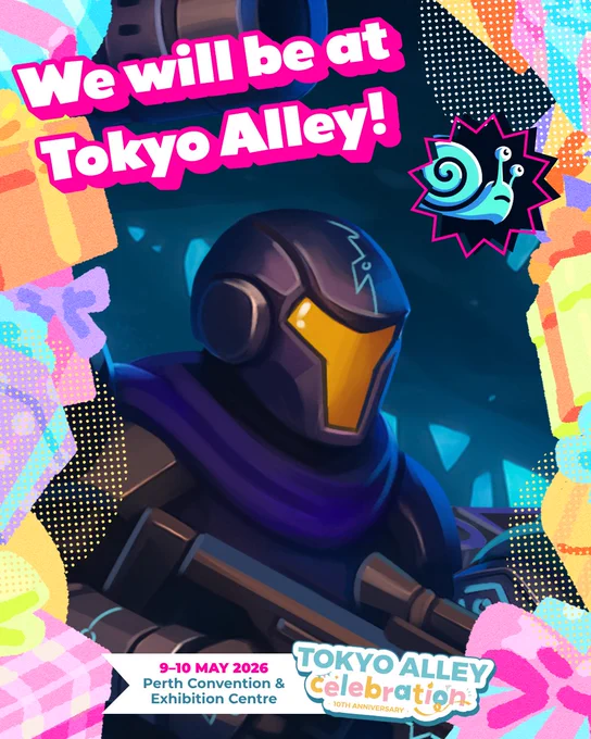 Colourful artwork explaining that Slow Rush will have a booth for Signs of Danger at the Tokyo Alley event on 9-10 May 2026 at the Perth Convention & Exhibition Centre.
