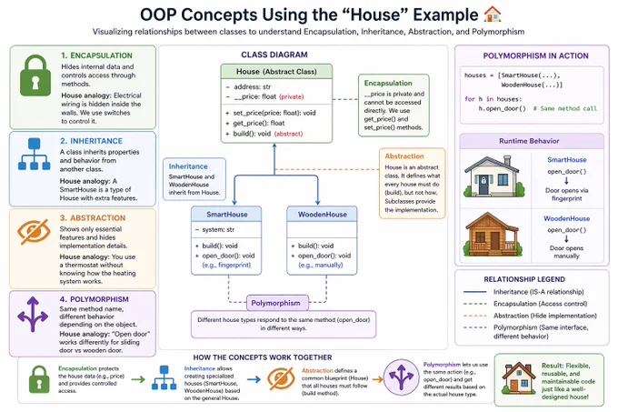 Infographic titled “OOP Concepts Using the House Example.” It explains encapsulation, inheritance, abstraction, and polymorphism with a house analogy.

Left side defines each concept: encapsulation (hidden data like wiring), inheritance (SmartHouse is a type of House), abstraction (using a thermostat without knowing internals), and polymorphism (same action, different results).

Center shows a class diagram: an abstract House class with address and private price, plus methods (set/get price, abstract build). SmartHouse and WoodenHouse inherit from House and implement build() and open_door() differently.

Right side demonstrates polymorphism with code calling open_door() on different house types, showing different behaviors. Bottom summarizes how these concepts create flexible, reusable code.