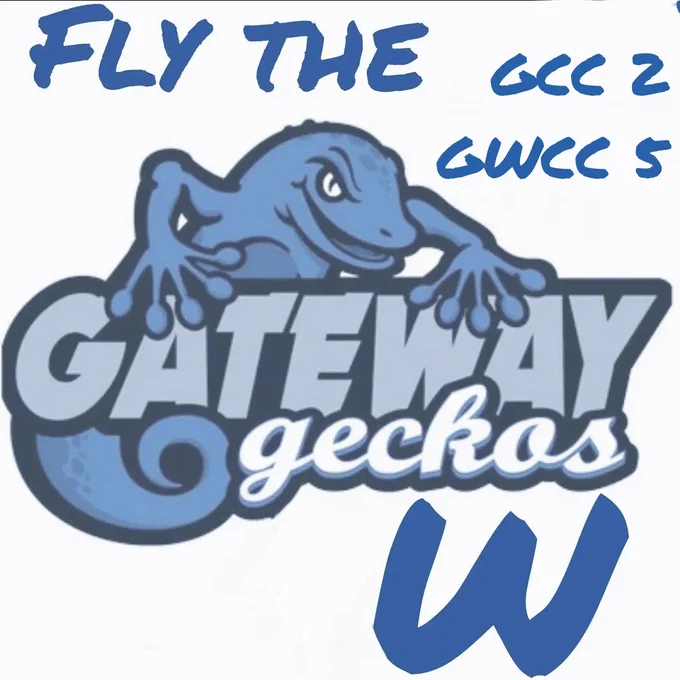 Logo of a blue gecko over the words "GATEWAY geckos" with the phrase "FLY THE W".

Transcribed Text:

GATEWAY GECKOS FLY THE W GCC 2 GWCC 5
