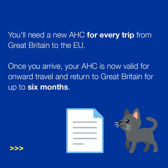 Blue informational graphic with text about travel from Great Britain to the EU. It mentions needing a new AHC for every trip, valid for up to six months for onward travel and return. Includes an icon of a document and a cat.
