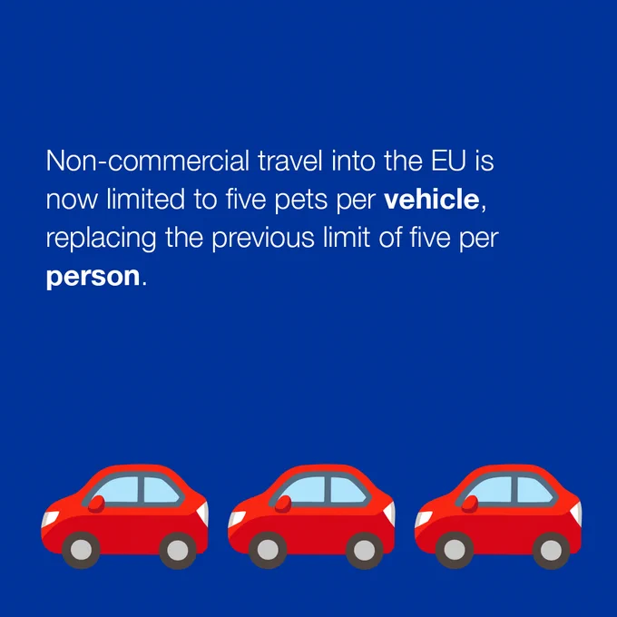 Illustration of three red cars beneath text stating: "Non-commercial travel into the EU is now limited to five pets per vehicle, replacing the previous limit of five per person."