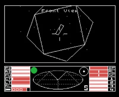 Space view in Tatung Einstein Elite (Merlin Software, 1987), approaching Coriolis space station.