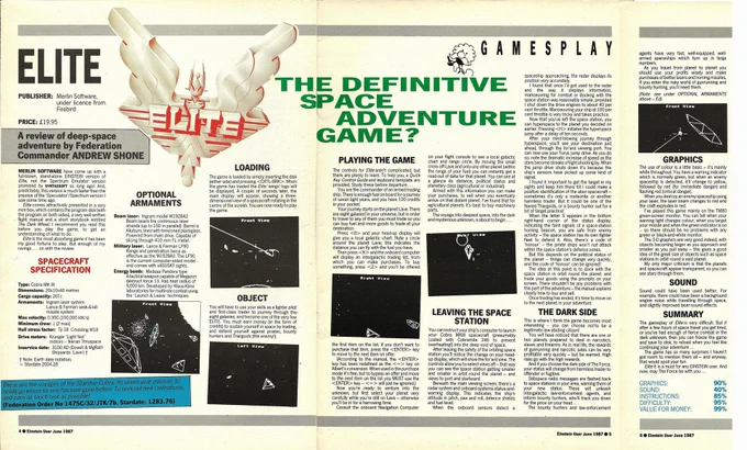 Review of Elite for the Tatung Einstein home computer, in the June 1987 edition of Einstein User magazine. The review was very positive, and the game was scored as follows:
Graphics 90%
Sound 40%
Instructions 85%
Difficulty 95%
Value for money 99%