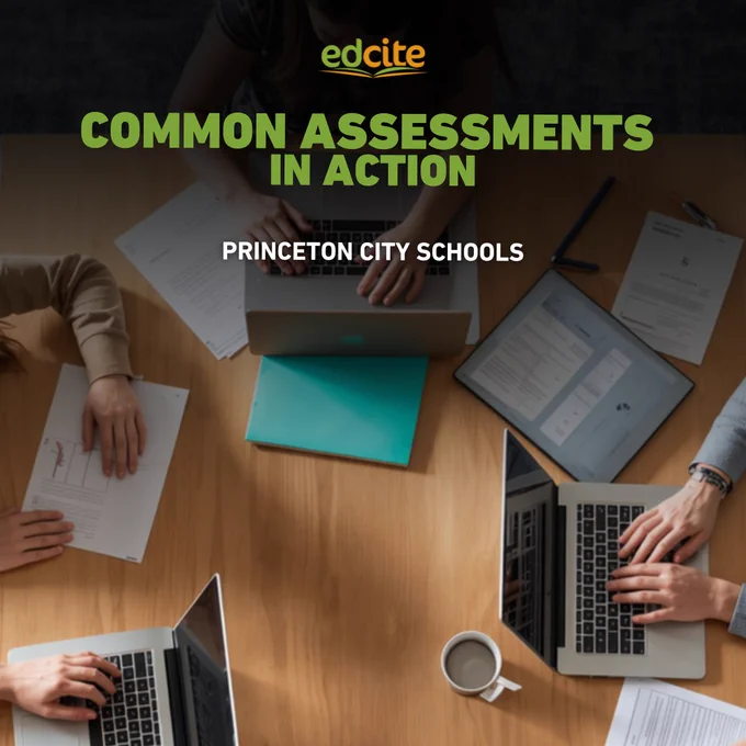 Top-down view of teachers collaborating with laptops and printed assessment reports, representing how Teacher-Based Teams use common assessments to improve instruction