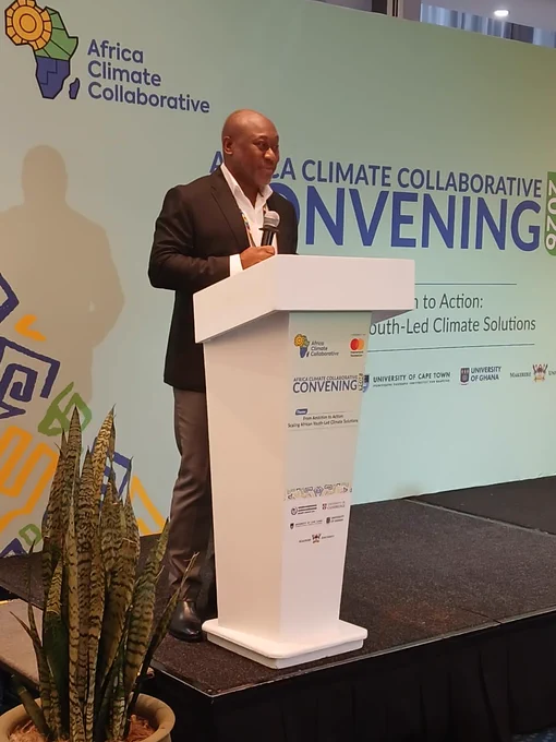 This is a photo of Prof. Gordon Awandare delivering a brief address at the Africa Climate Collaborative's 2026 Convening in Nairobi. 