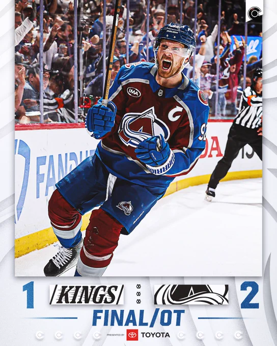 Final Score from Game Two in Overtime.
Los Angeles Kings, 1.
Colorado Avalanche, 2.

Presented by Toyota. 