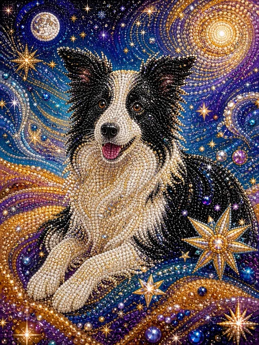 A masterpiece by a world-renowned bead artist, crafted in a surreal maximalist style inspired by intricate ornamental traditions. Thousands of luminous beads, pearls, and gemstones are meticulously arranged to form a lifelike (subject). The composition unfolds against a cosmic, dreamlike background filled with swirling galaxies, radiant starbursts, and shimmering constellations.

The beads vary in size, color, and reflectivity—iridescent blues, royal purples, molten golds, and pearlescent whites creating a rich three-dimensional texture and depth. Sparkling elements and star-like flares are embedded throughout, giving the artwork a glowing, celestial aura. Light interacts dynamically with the glossy surfaces, producing a dazzling interplay of highlights and shadows.

Ultra-detailed, hyper-realistic beadwork, surreal fantasy aesthetic, high-definition rendering, intricate craftsmanship, maximalist composition, ultra-high resolution, 