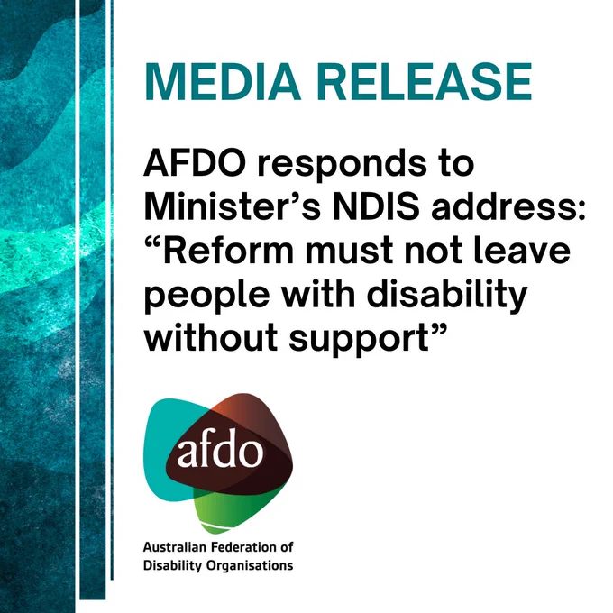 Graphic with teal abstract background and AFDO branding. Text reads: “MEDIA RELEASE. NDIS reforms must not leave people with disability worse off.” AFDO logo and full name, Australian Federation of Disability Organisations, appear at the bottom.