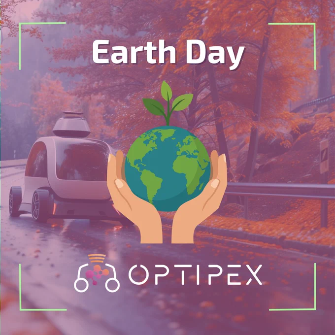 Image shows a photo of a small car on a road with trees in the Autumn. The photo has a purple overlay and contains the OptiPEx logo, a graphic of two hands holding the earth with a plant growing out of it and the following text: 'Earth Day'.