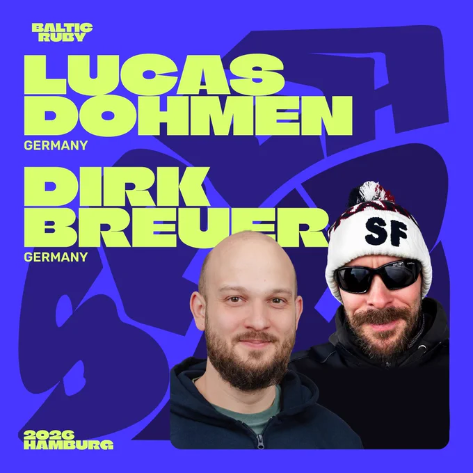 Speakers Lucas Dohmen and Dirk Breuer on a Baltic Ruby poster background, blue design, two men, one in a hoodie, the other in a hat and sunglasses.
