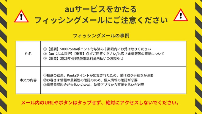 auサービスをかたるフィッシングメールにご注意ください。フィッシングメールの事例をご説明します。

件名の例
①【重要】5000Pontaポイント付与済み｜期限内にお受け取りください
②【auじぶん銀行】【重要】必ずご回答ください/お客さま情報等の確認について
③【重要】2026年4月携帯電話料金未払いのお知らせ

本文の内容の例
①抽選の結果、Pontaポイントが加算されたため、受け取り手続きが必要
②お客さま情報の最新性の確認のため、個人情報の確認が必要
③携帯電話料金が未払いのため、決済アプリから直接支払いが必要

これらのメール内のURLやボタンはタップせず、絶対にアクセスしないでください。