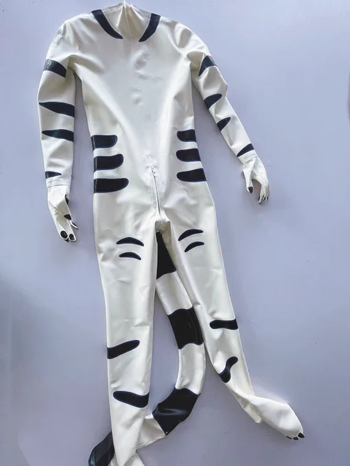 custom pet suit, with black stripes, paw pattern and nails