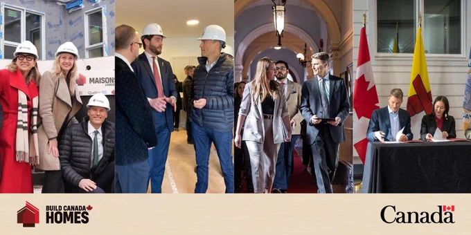 A collage of four photos: Three people with signage “Maisons Canada/Build Canada Homes” in front of townhomes. Three people, two wearing hard hats, speaking together. A group of people walking and talking together. And two people at a table signing documents, with a Canada and Nunavut flag behind them. 