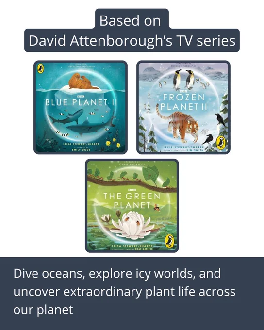 Covers of Blue Planet II, Frozen Planet II, and The Green Planet showcasing diverse wildlife and natural habitats from oceans to icy regions and lush forests.