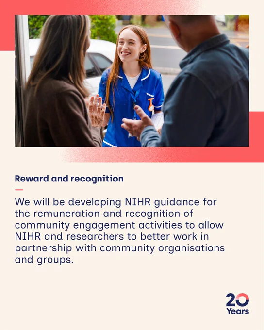 Reward and recognition
-
We will be developing NIHR guidance for the remuneration and recognition of community engagement activities to allow NIHR and researchers to better work in partnership with community organisations and groups.