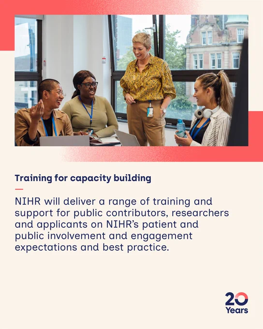 Training for capacity building
-
NIHR will deliver a range of training and support for public contributors, researchers and applicants on NIHR’s patient and public involvement and engagement expectations and best practice. 