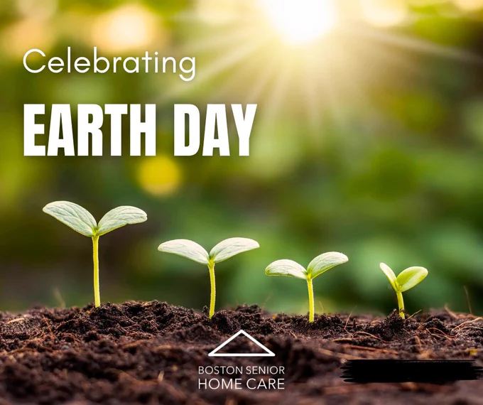 Four sprouts in the soil with the words "Celebrating Earth Day" and Boston ElderINFO logo.