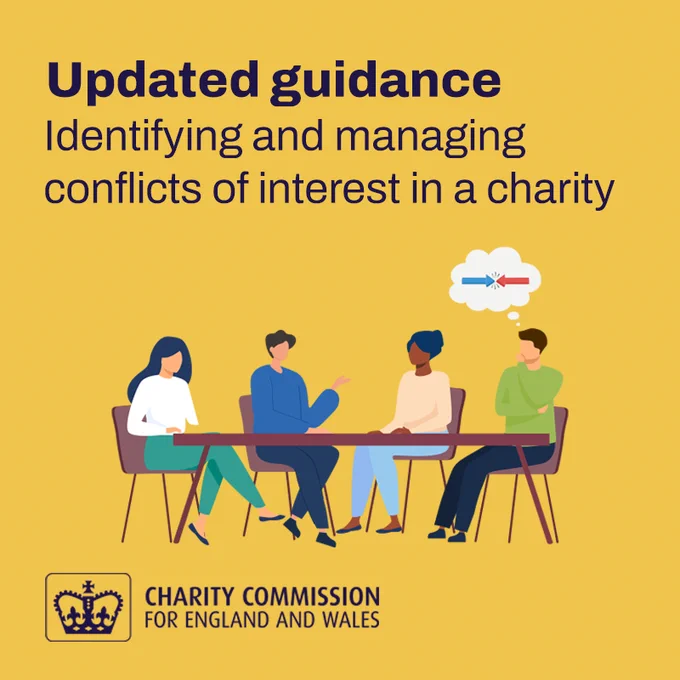 Graphic shows four people seated around a table for a meeting.

Wording shows "Updated guidance. Identifying and managing conflicts of interest in a charity"