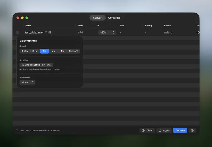 Video conversion interface showing options to adjust playback speed, add subtitles, and choose watermark settings.