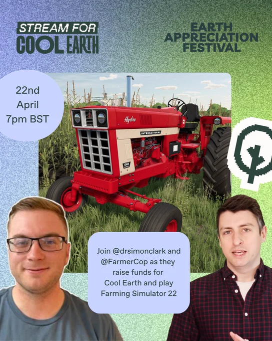 Image of Farmer Cop and Simon Clark against a colourful background with an image of Farming Simulator gameplay.
