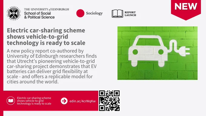 illustration of electric car and charger. 

Text reads: Electric car-sharing scheme shows vehicle-to-grid technology is ready to scale
A new policy report co-authored by University of Edinburgh researchers finds that Utrecht’s pioneering vehicle-to-grid car-sharing project demonstrates that EV batteries can deliver grid flexibility at scale - and offers a replicable model for cities around the world.