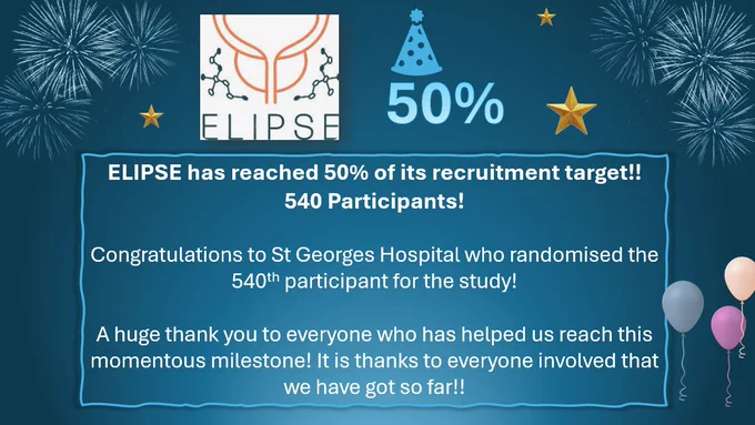 The image depicts shows images associated with congratulations (balloons, fireworks etc).  The words read: ELIPSE has reached 50% of its recruitment target - 540 participants! Congratulations to St Georges Hospital who randomised the 540th participant for the study!  A huge thank you to everyone who has helped us reach this momentous milestone!  It is thanks to everyone involved that we have got so far. 