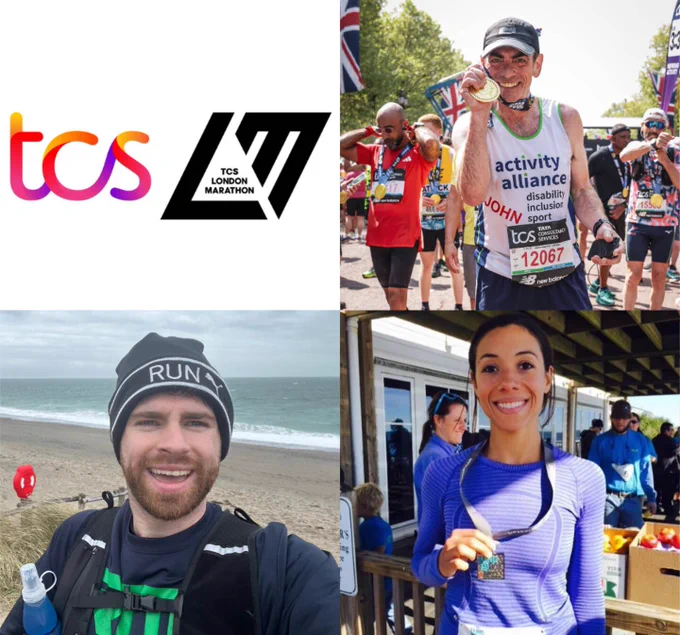 A compilation of four photographs. The London Marathon logo and three others pictures of Ben, John and Catherine.