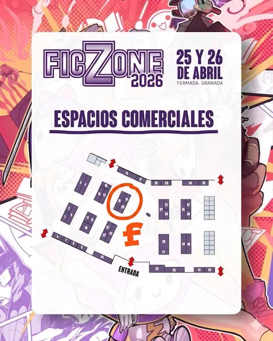 Plano de los espacios comerciales, con el stand nº19 de Fandogamia rodeado por un círculo naranja.