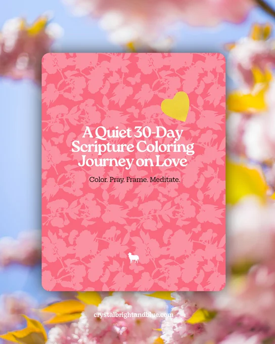 Coral pink "A Quiet 30-Day Scripture Coloring Journey on Love" book cover with yellow heart accent and "Color. Pray. Frame. Meditate." tagline displayed as floating book mockup surrounded by pink cherry blossoms.