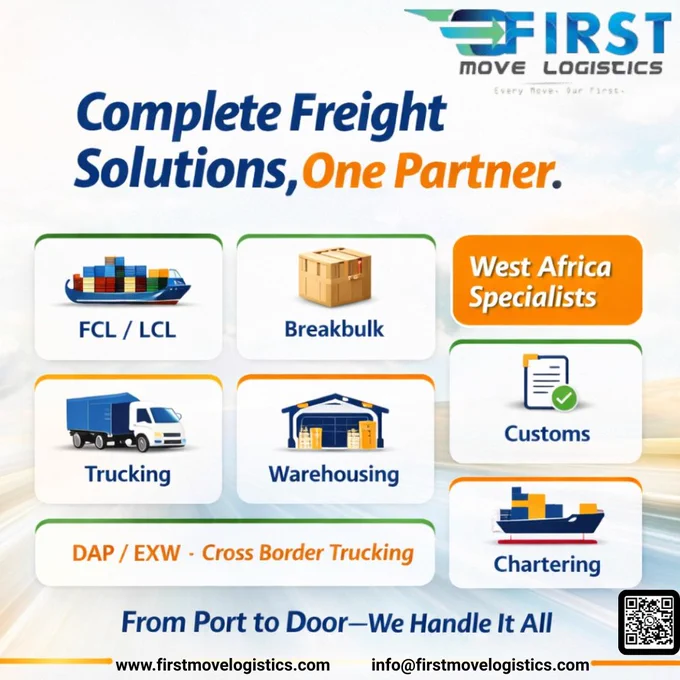 Complete freight solutions, one trusted partner. 🌍🚢🚛

From FCL/LCL shipments to breakbulk, trucking, warehousing, customs clearance, and chartering — First Move Logistics provides end-to-end freight solutions tailored for your business.

With strong expertise across West Africa, we ensure your cargo moves efficiently from port to door.

🌐 Connect with us
🌍 www.firstmovelogistics.com

📧 info@firstmovelogistics.com

🔗 Our Social Handles

First Move Logistics
Facebook : https://www.facebook.com/firstmovelogistics

Instagram : https://www.instagram.com/firstmovelogistics

LinkedIn : www.linkedin.com/company/first-move-logistics

Twitter/X : https://x.com/FirstMoveLog

YouTube : https://youtube.com/@firstmovelogisticsfml?si=P-EHSC7J_T-mqxfr

FML Trading
Facebook : https://www.facebook.com/fmltradingsa

Instagram : https://www.instagram.com/fmltradingsa?igsh=eDF3b3FmbHczYjU0

LinkedIn : www.linkedin.com/in/mrsulomaohajiudu

Twitter/X : https://x.com/fml_trading1
